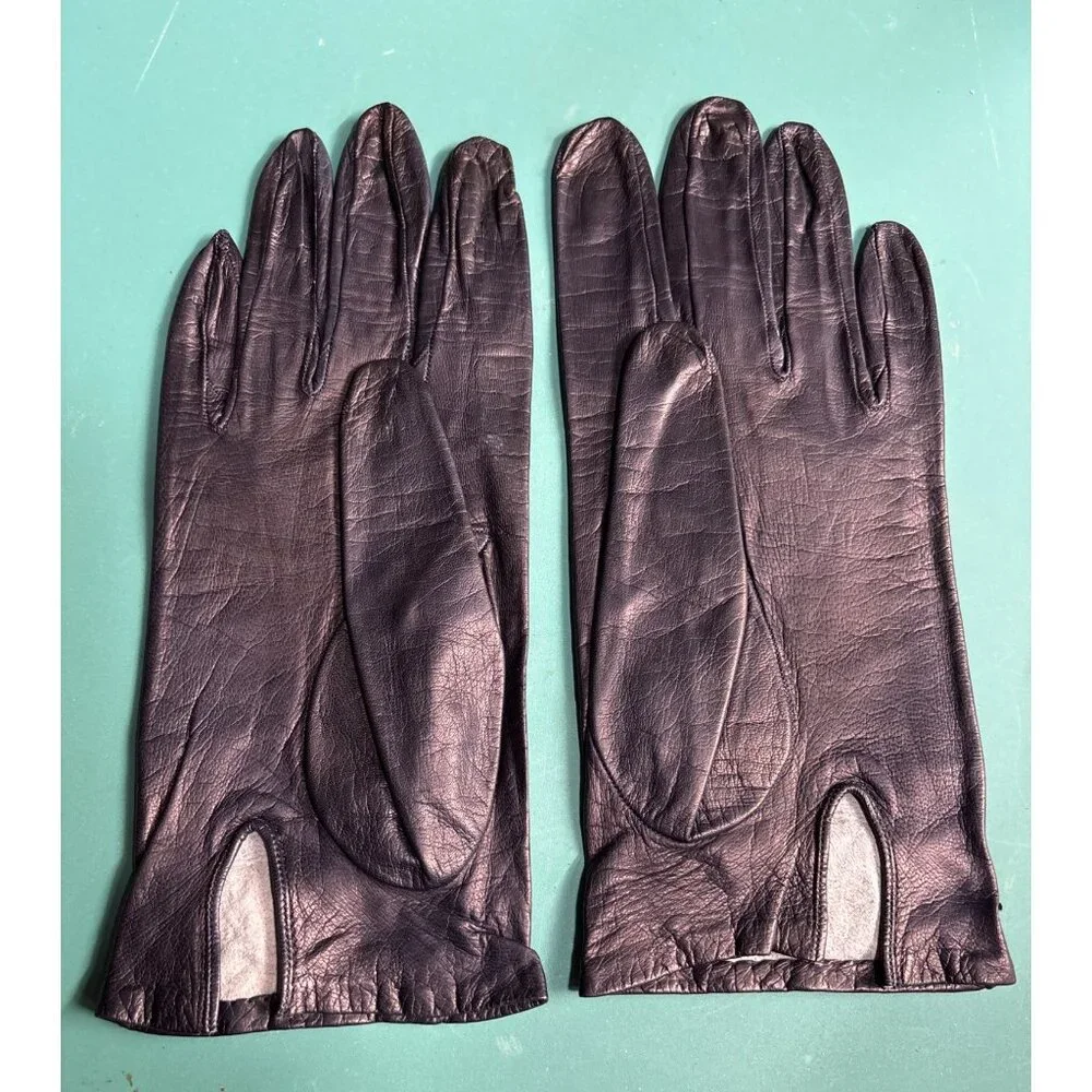 VTG Womens Dk Blue Kid Leather Unlined Gloves Woven Cuff‎ Metal Gold Accents